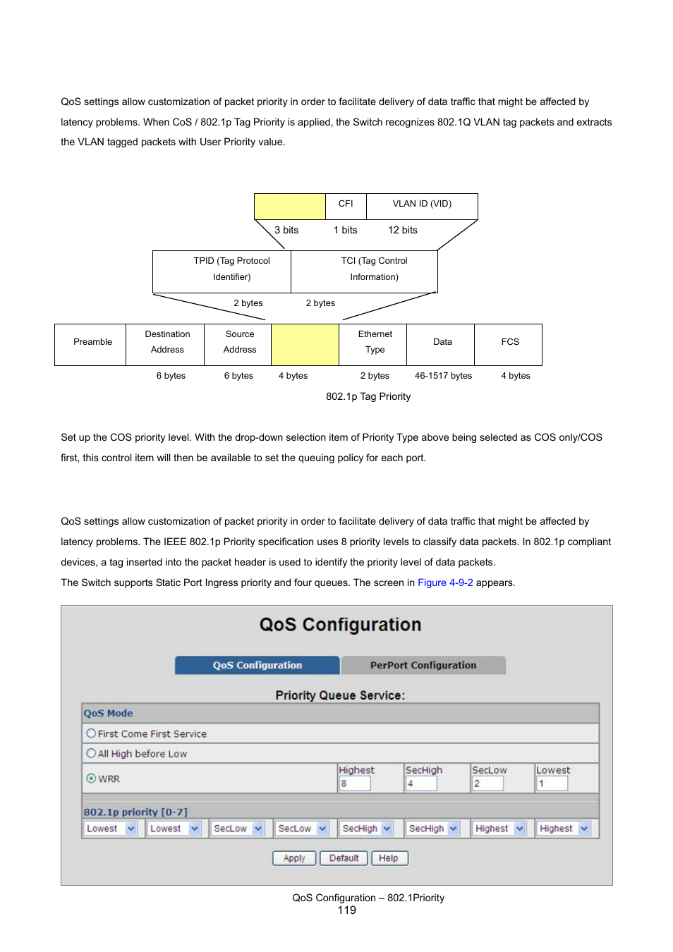 2 qos configuration, 1 priority queue service settings | PLANET FGSD-1022 User Manual | Page 119 / 226
