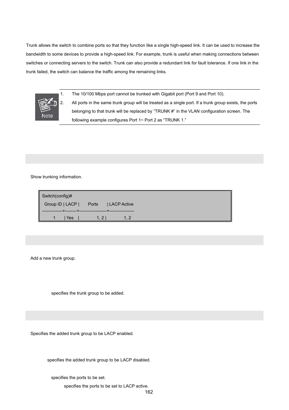 4 trunk configuration, 1 trunking commands, Show trunks | Trunk add, Lacp | PLANET FGSD-1022 User Manual | Page 162 / 226