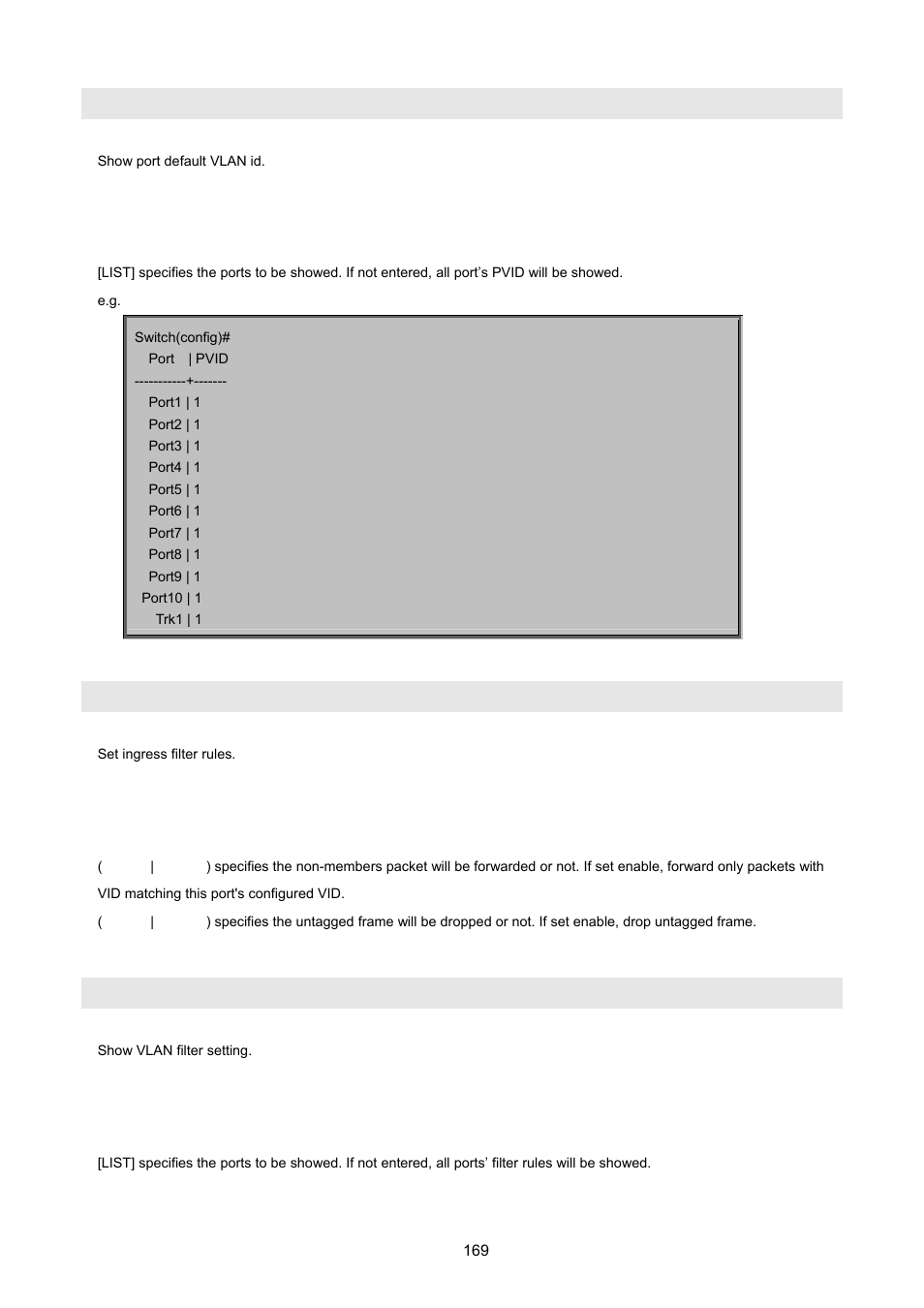 Show vlan pvid, Vlan filter, Show vlan filter | PLANET FGSD-1022 User Manual | Page 169 / 226