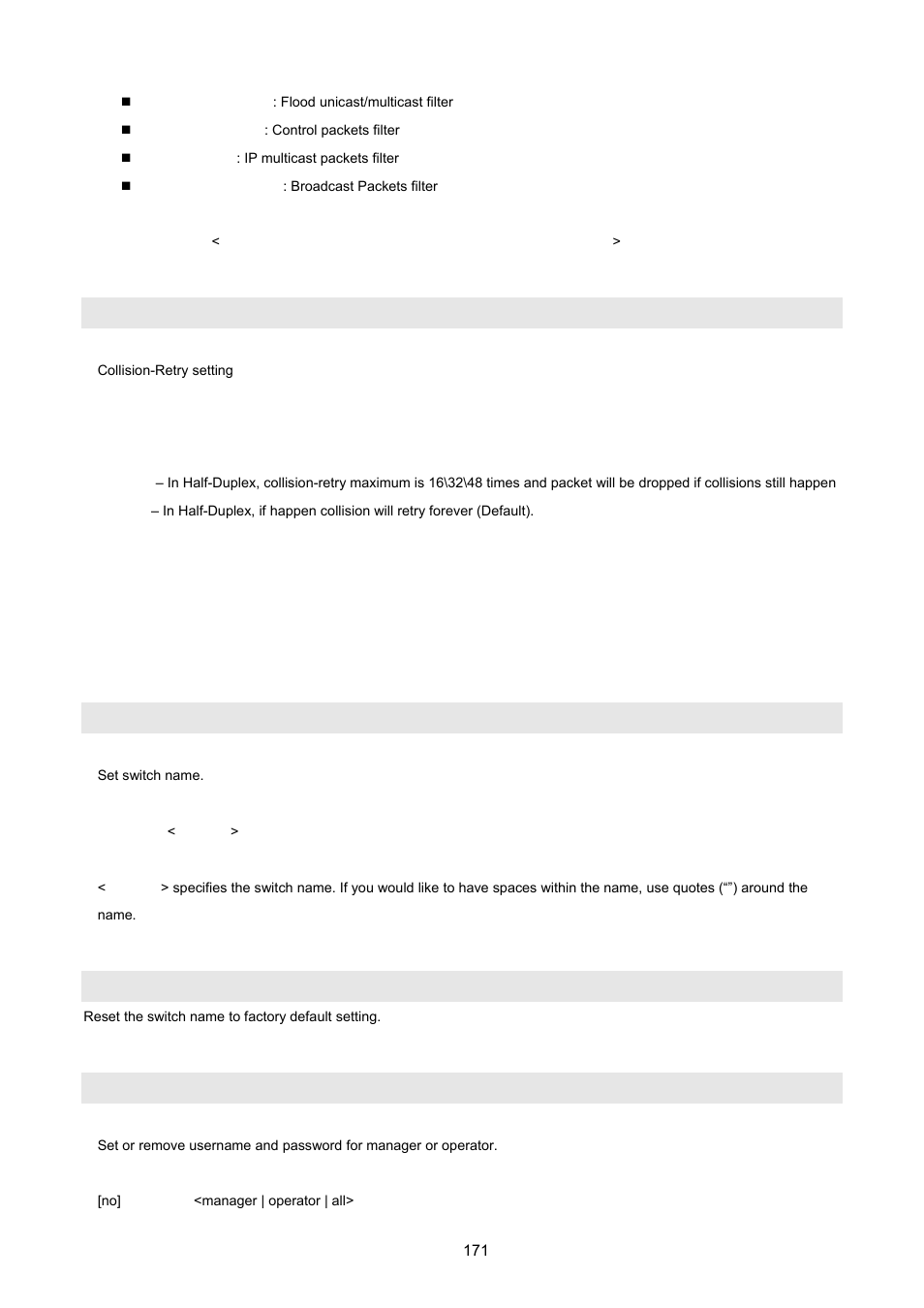 7 administration configuration, 1 change username / password, Collision-retry | Hostname, No hostname, No] password | PLANET FGSD-1022 User Manual | Page 171 / 226