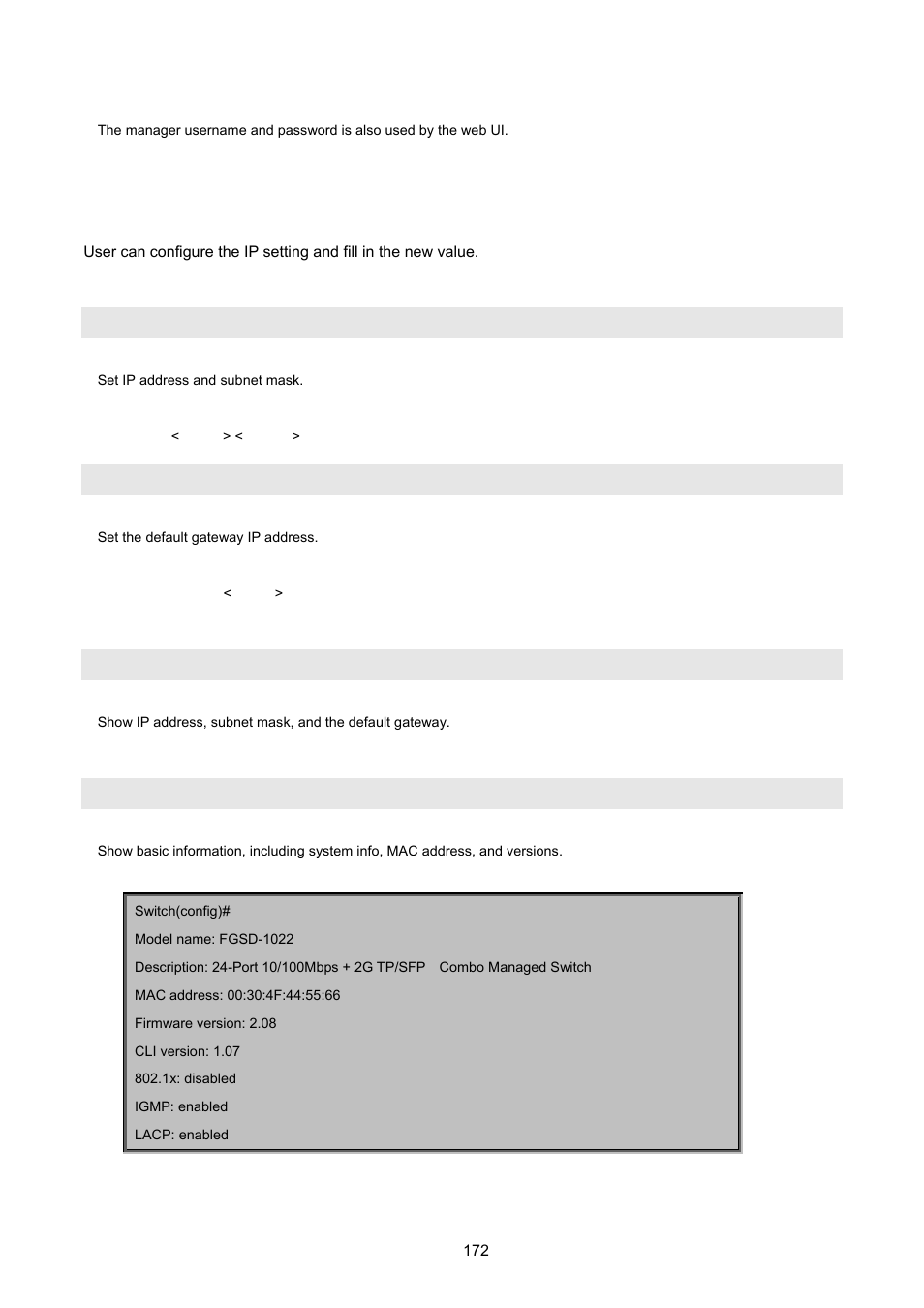 2 ip configuration, Ip address, Ip default-gateway | Show ip, Show info | PLANET FGSD-1022 User Manual | Page 172 / 226