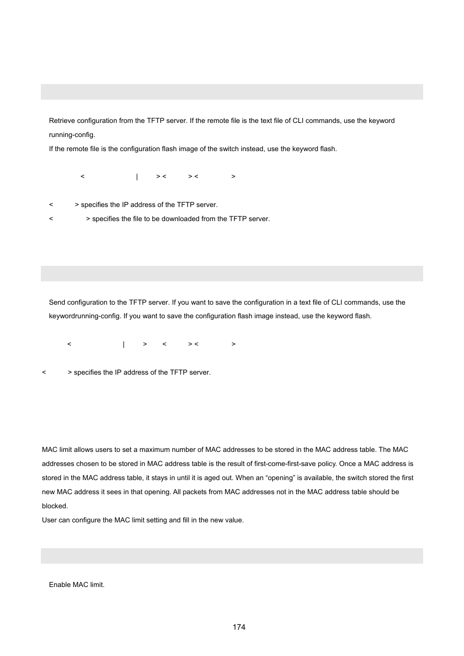 6 restore configure file, 7 backup configure file, 8 mac limit | Copy tftp <running-config | flash, Copy <running-config | flash> tftp, Mac-limit | PLANET FGSD-1022 User Manual | Page 174 / 226