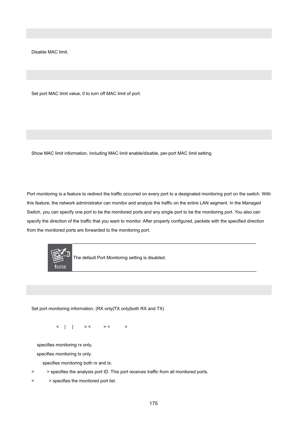 9 port mirroring configuration, No mac-limit, Mac-limit | Show mac-limit, Mirror-port | PLANET FGSD-1022 User Manual | Page 175 / 226