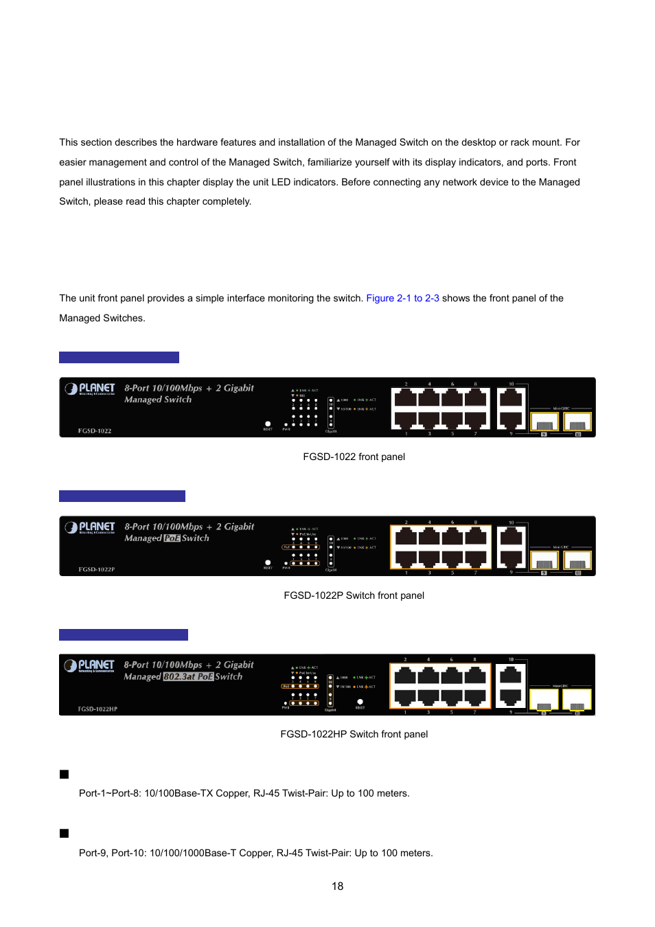 Installation, 1 hardware description, 1 switch front panel | PLANET FGSD-1022 User Manual | Page 18 / 226