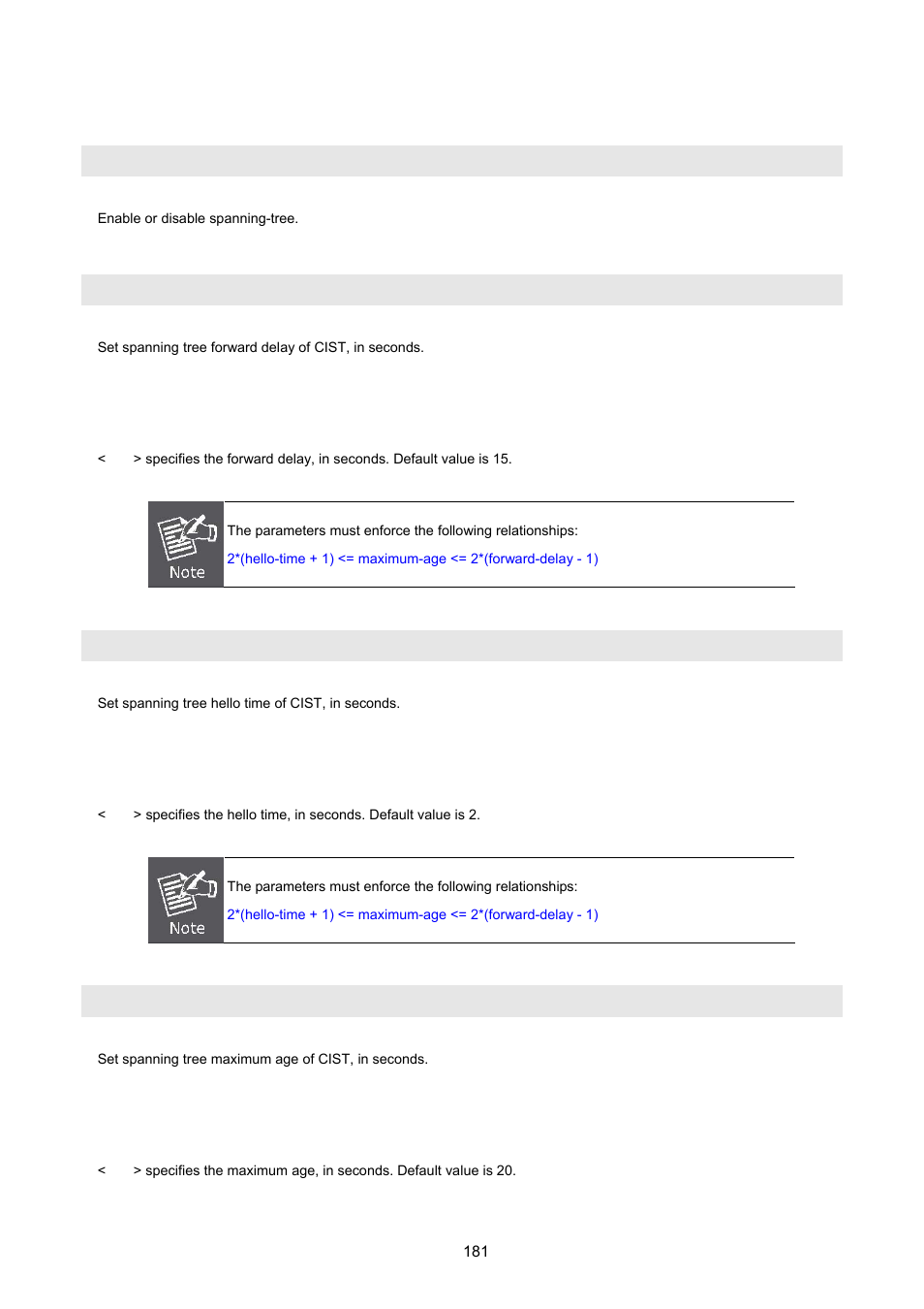 12 stp/mstp commands, No] spanning-tree, Spanning-tree forward-delay | Spanning-tree hello-time, Spanning-tree maximum-age | PLANET FGSD-1022 User Manual | Page 181 / 226