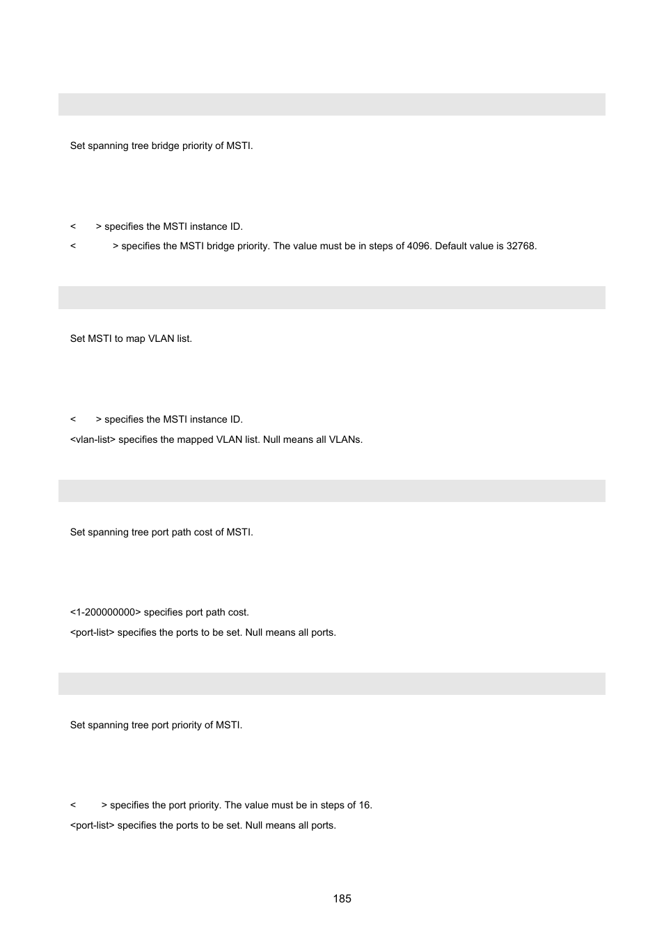 Spanning-tree mst, Spanning-tree mst <0-15> vlan [<vlan-list | PLANET FGSD-1022 User Manual | Page 185 / 226