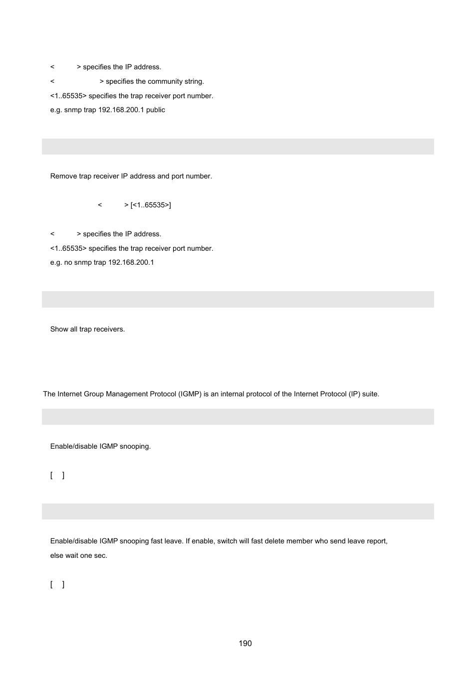 14 igmp, No snmp trap, Show snmp trap | Igmp, Igmp fastleave | PLANET FGSD-1022 User Manual | Page 190 / 226