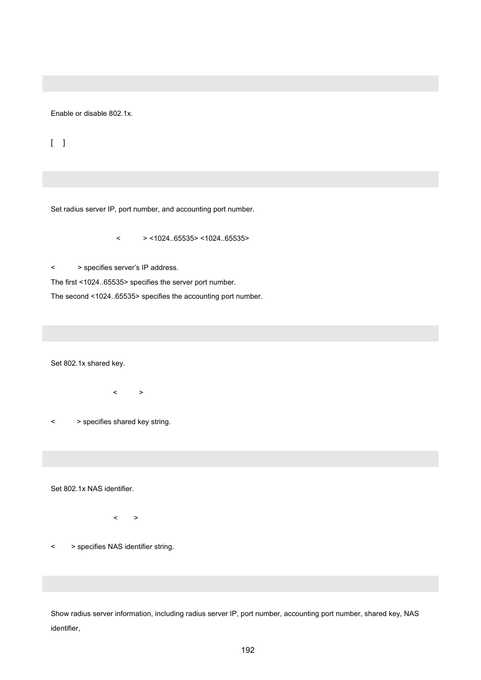 15 802.1x protocol, Dot1x, Radius-server host | Radius-server key, Radius-server nas, Show radius-server | PLANET FGSD-1022 User Manual | Page 192 / 226