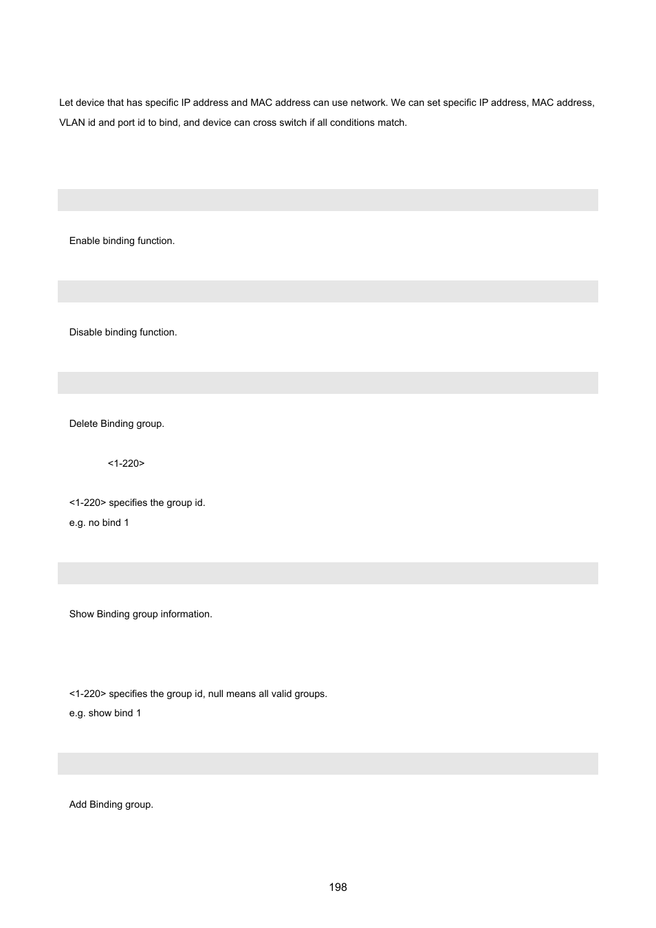 17 binding, 1 sip/smac binding commands, Bind | No bind, Show bind, Bind add | PLANET FGSD-1022 User Manual | Page 198 / 226