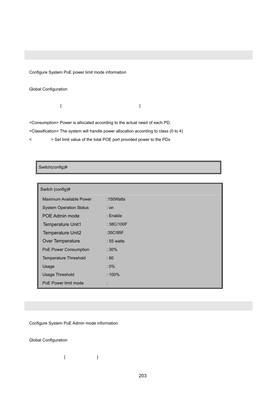 3 configure poe -- system, Poe limit-mode, Poe admin-mode | PLANET FGSD-1022 User Manual | Page 203 / 226