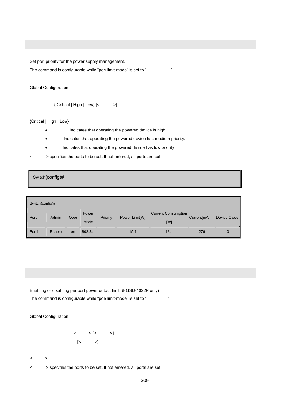 Poe priority, Poe maximum-power | PLANET FGSD-1022 User Manual | Page 209 / 226