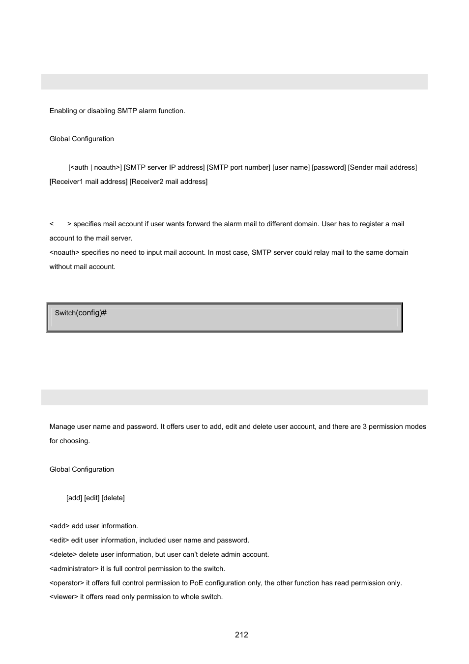 19 smtp commands, 20 user (manage user name and password), Smtp | User | PLANET FGSD-1022 User Manual | Page 212 / 226