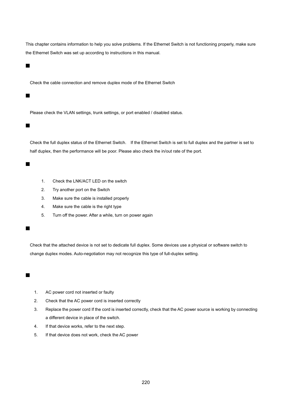 Trouble shooting | PLANET FGSD-1022 User Manual | Page 220 / 226