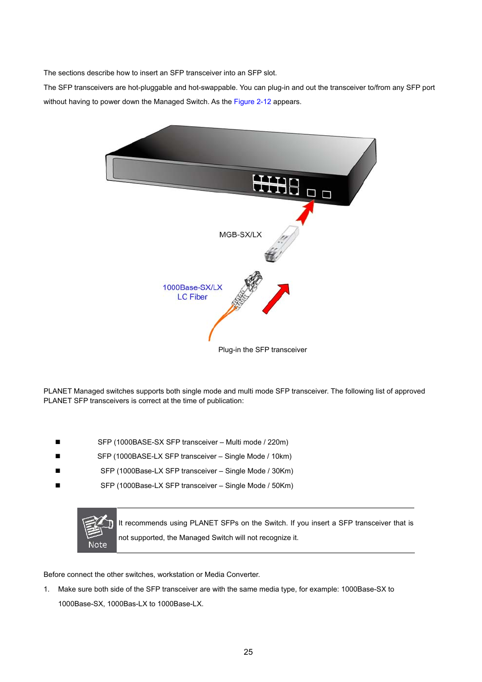 3 installing the sfp transceiver, Installing the sfp transceiver | PLANET FGSD-1022 User Manual | Page 25 / 226