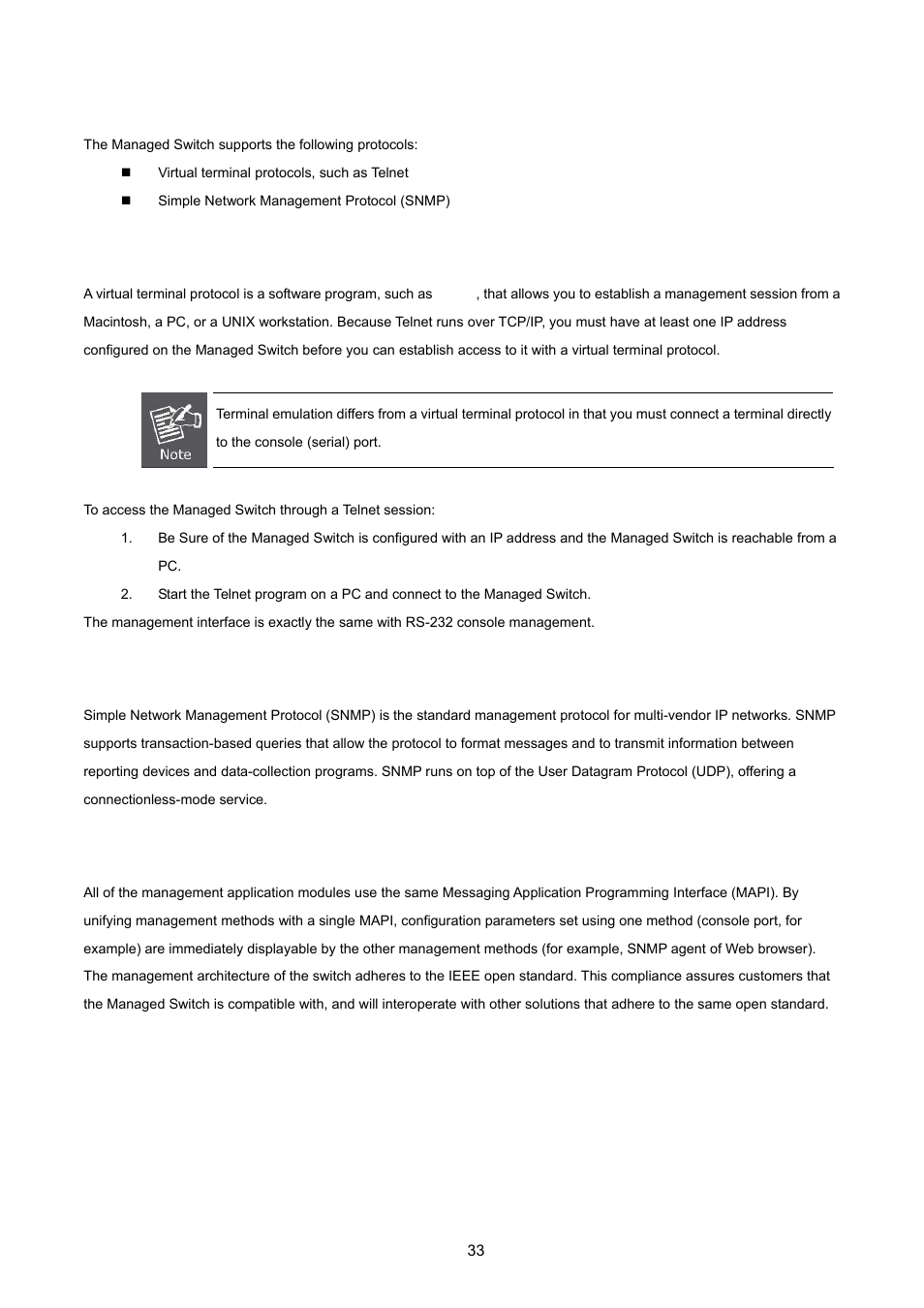 6 protocols, 1 virtual terminal protocols, 2 snmp protocol | 3 management architecture, Management architecture | PLANET FGSD-1022 User Manual | Page 33 / 226