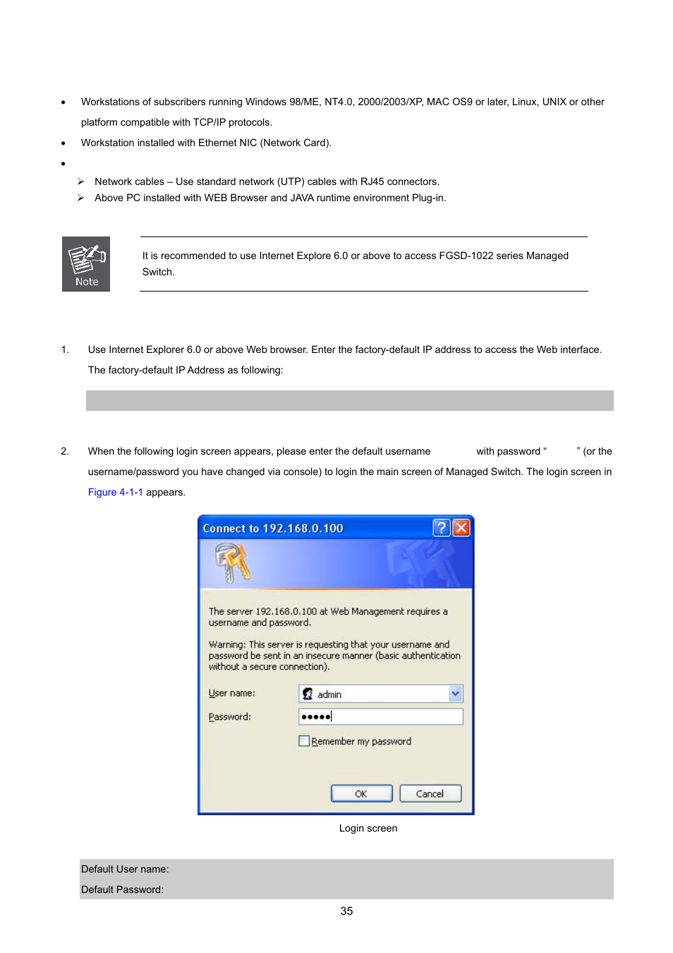 1 requirements, 2 logging on the switch | PLANET FGSD-1022 User Manual | Page 35 / 226