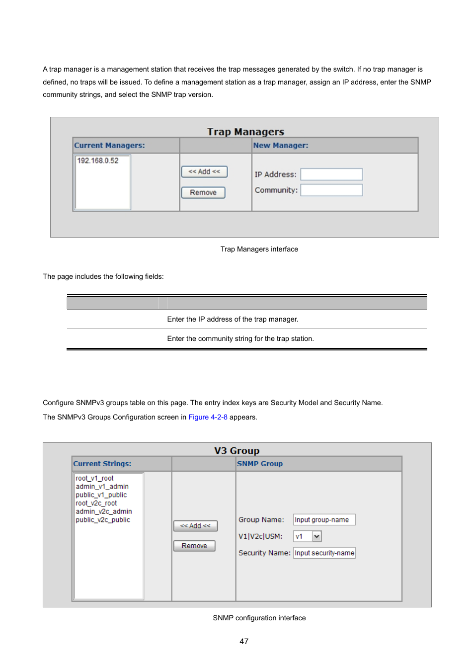 4 trap managers, 5 snmpv3 groups | PLANET FGSD-1022 User Manual | Page 47 / 226