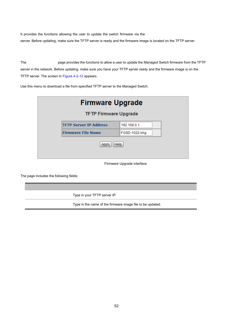 4 firmware upgrade, 1 tftp firmware upgrade | PLANET FGSD-1022 User Manual | Page 52 / 226