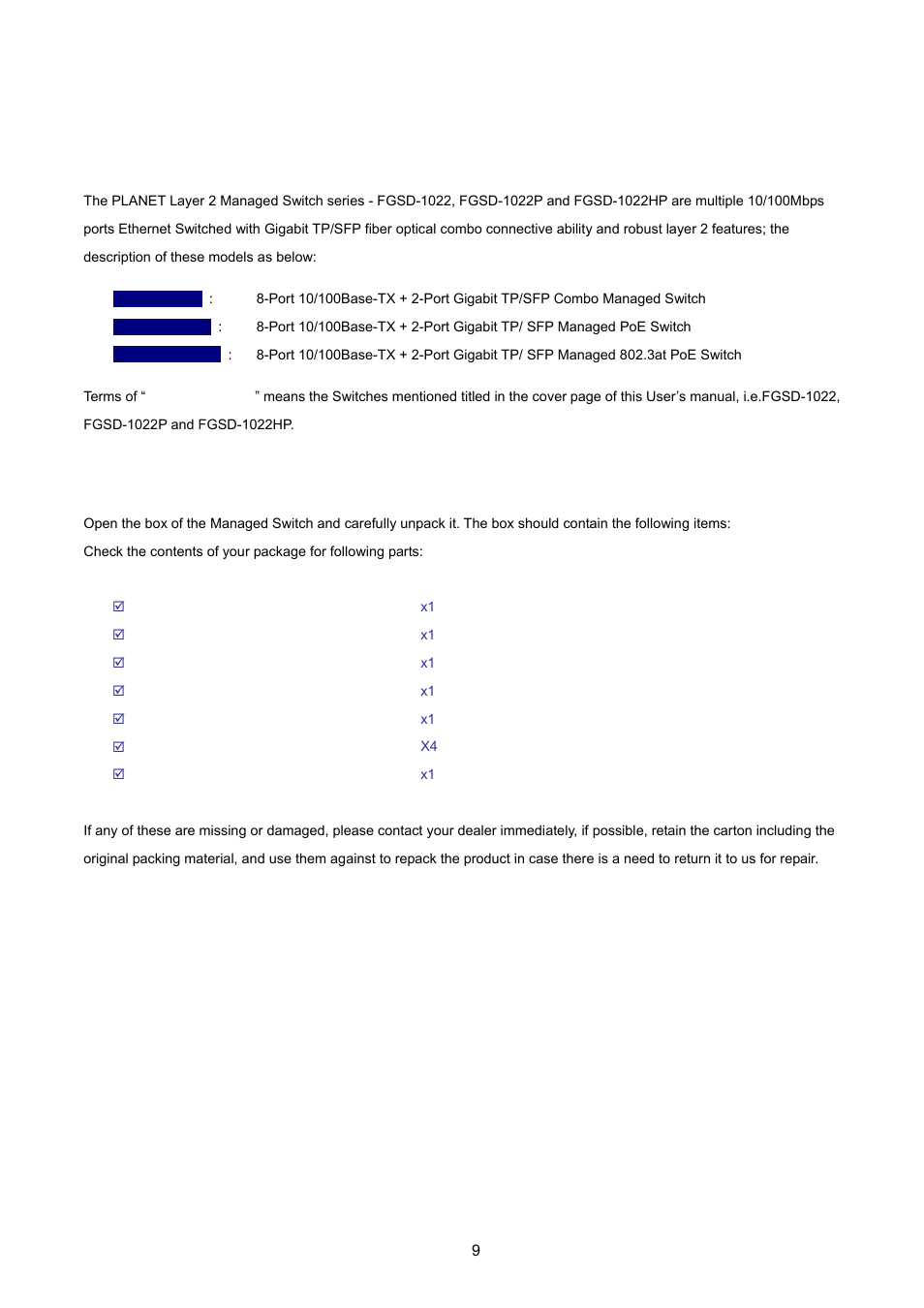 Introduction, 1 package contents | PLANET FGSD-1022 User Manual | Page 9 / 226