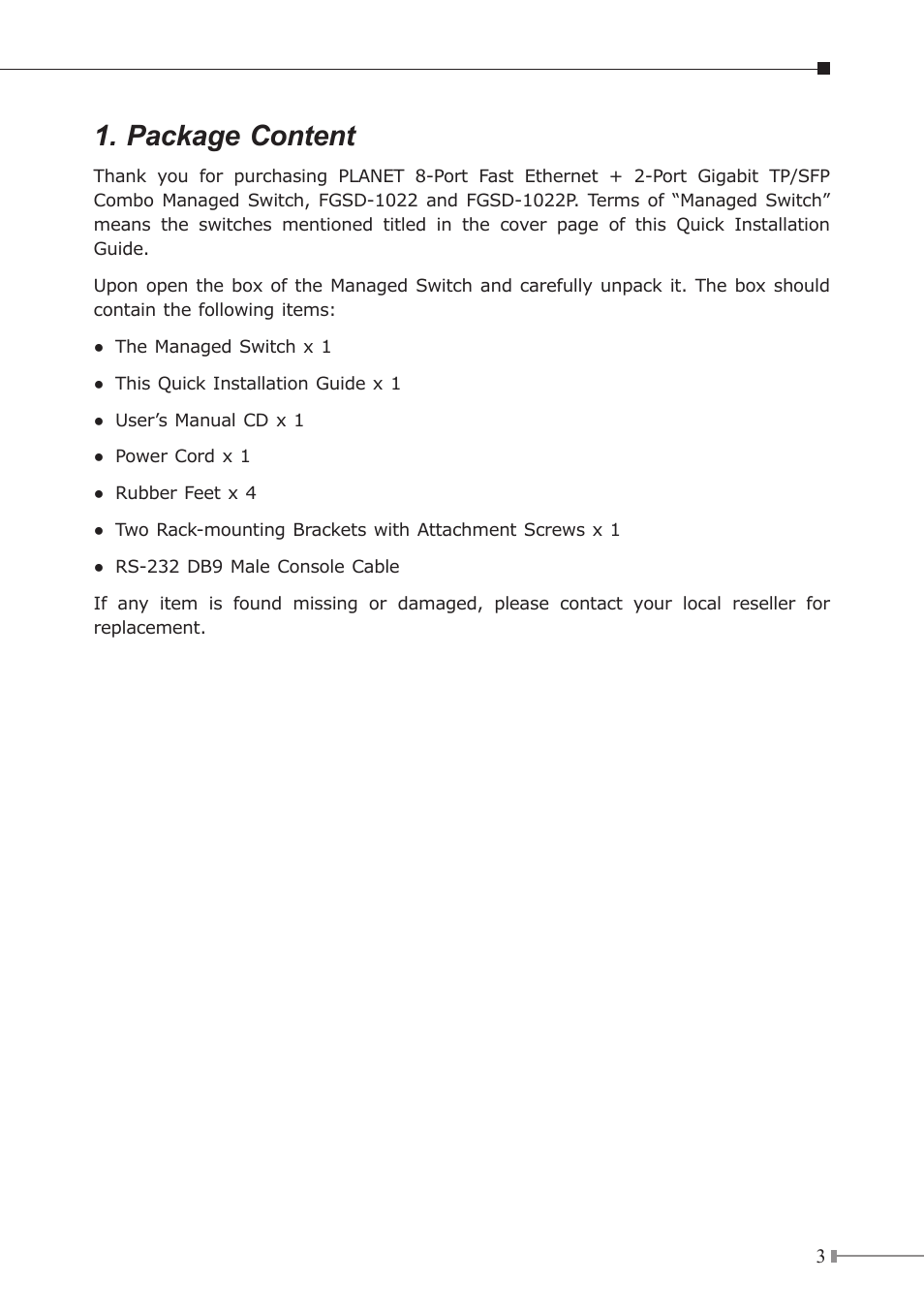 Package content | PLANET FGSD-1022 User Manual | Page 3 / 12