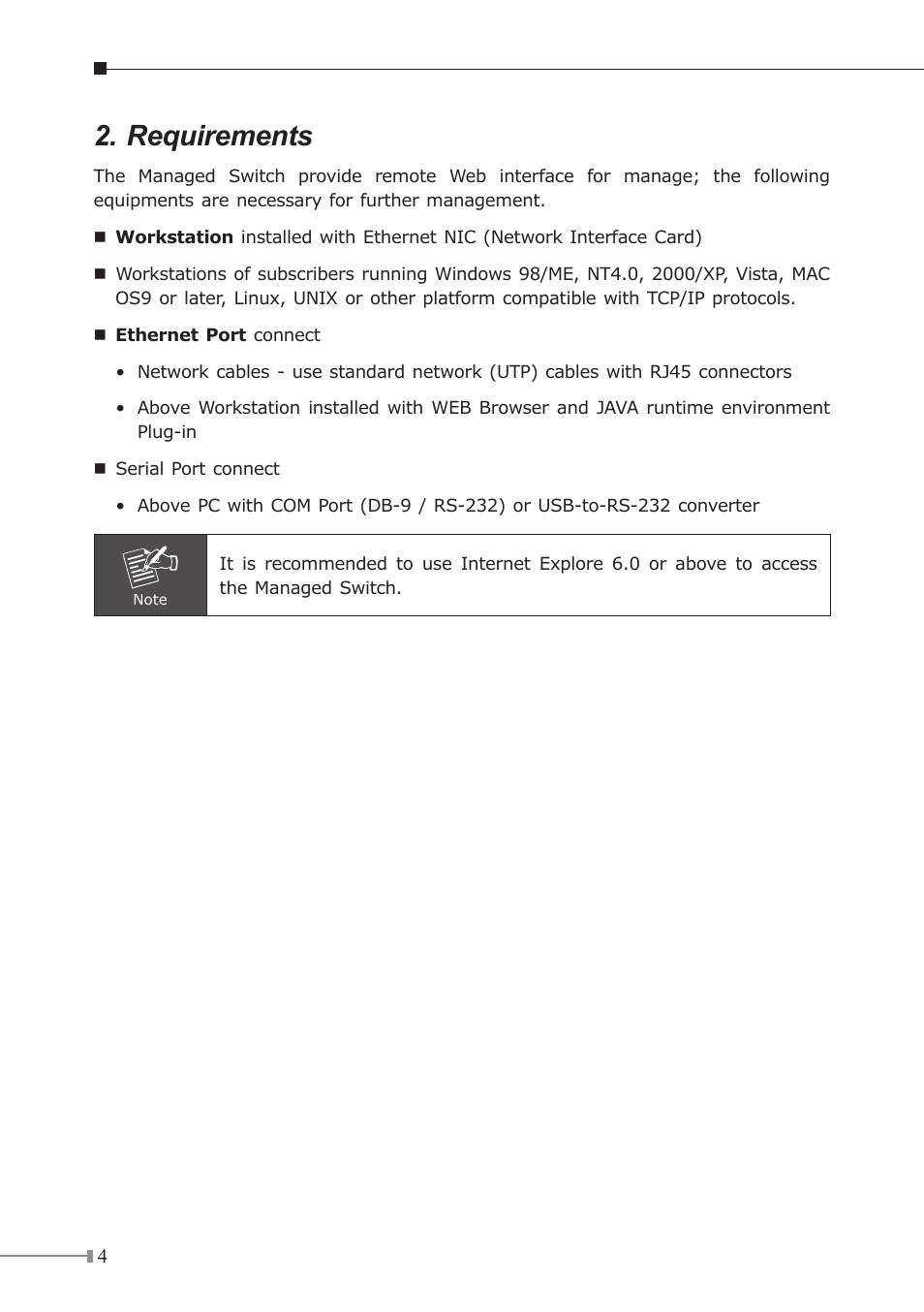Requirements | PLANET FGSD-1022 User Manual | Page 4 / 12