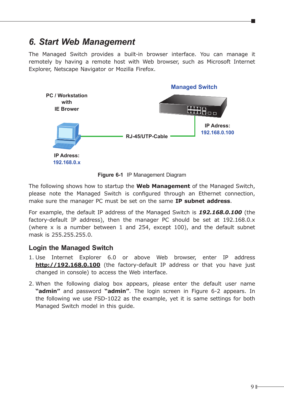 Start web management, Login the managed switch | PLANET FGSD-1022 User Manual | Page 9 / 12