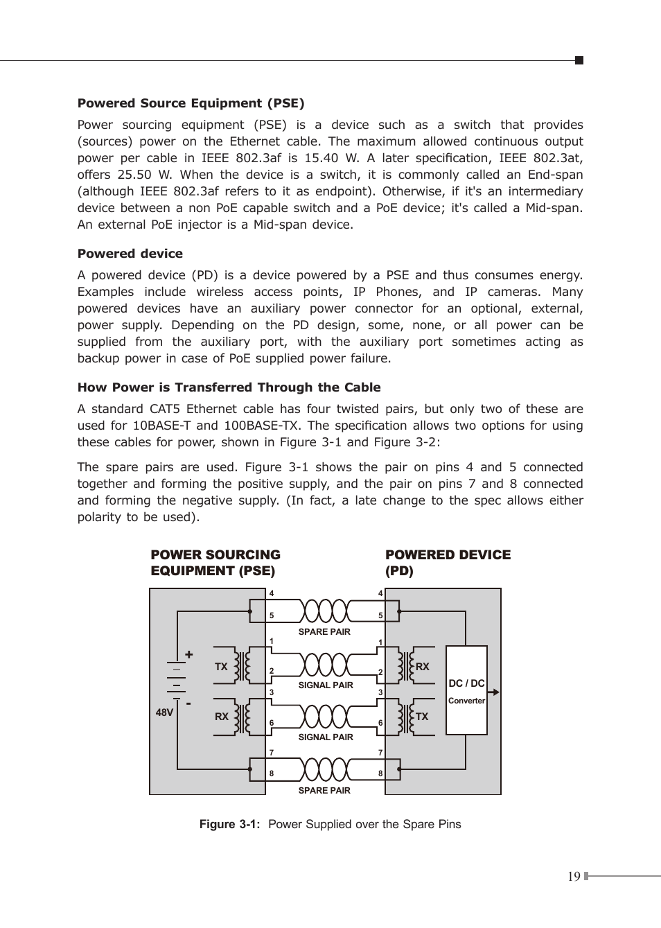 Power sourcing equipment (pse) powered device (pd), Figure 3-1: power supplied over the spare pins | PLANET FGSD-910HP User Manual | Page 19 / 28