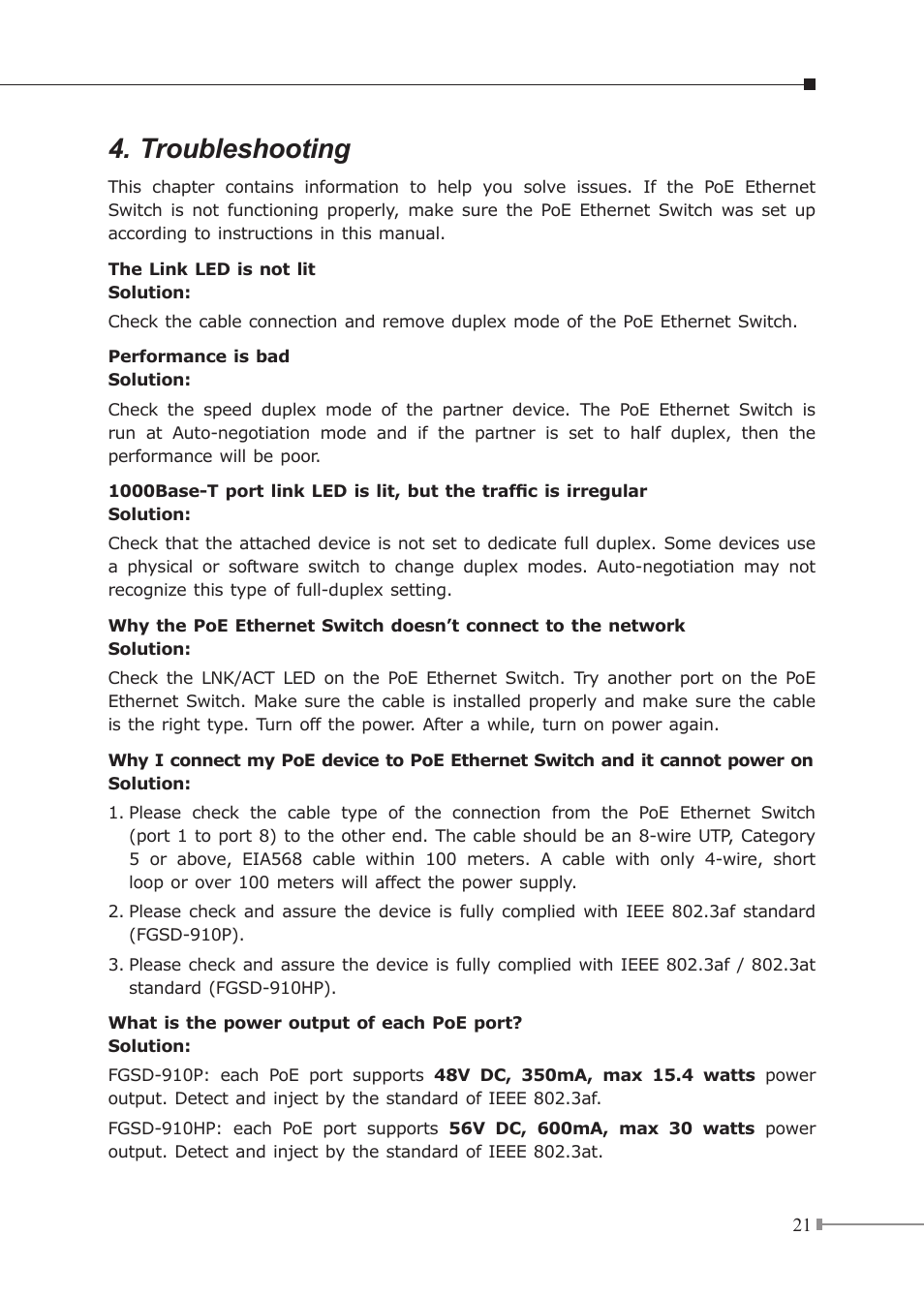 Troubleshooting | PLANET FGSD-910HP User Manual | Page 21 / 28