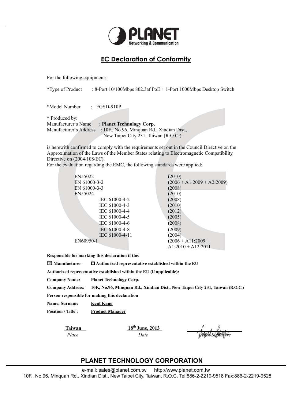 Ec declaration of conformity, Planet technology corporation | PLANET FGSD-910HP User Manual | Page 25 / 28