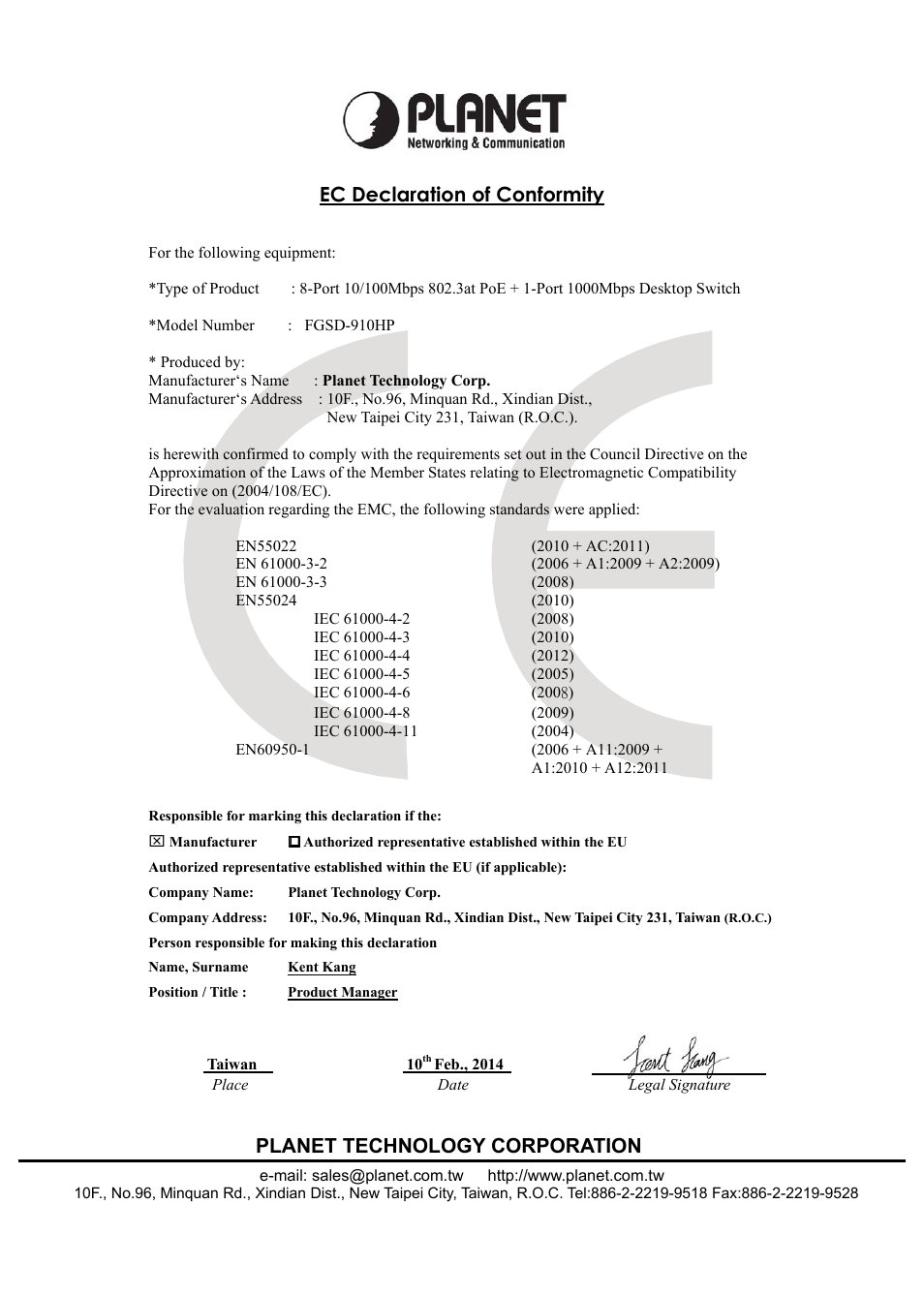 Ec declaration of conformity, Planet technology corporation | PLANET FGSD-910HP User Manual | Page 26 / 28