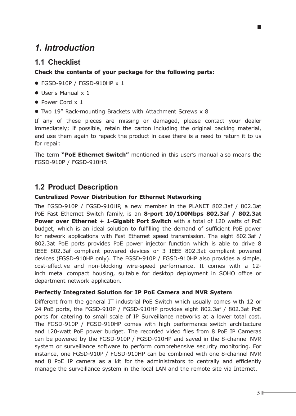 Introduction, 1 checklist, 2 product description | PLANET FGSD-910HP User Manual | Page 5 / 28