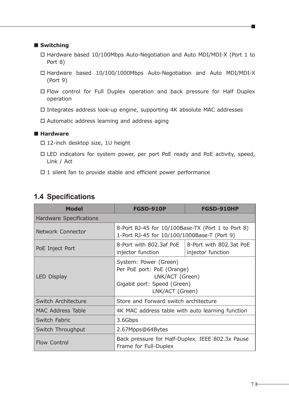 4 specifications | PLANET FGSD-910HP User Manual | Page 7 / 28