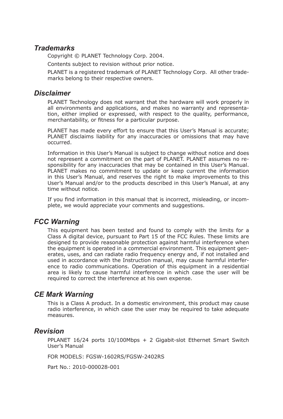 PLANET FGSW-1602RS User Manual | 30 pages