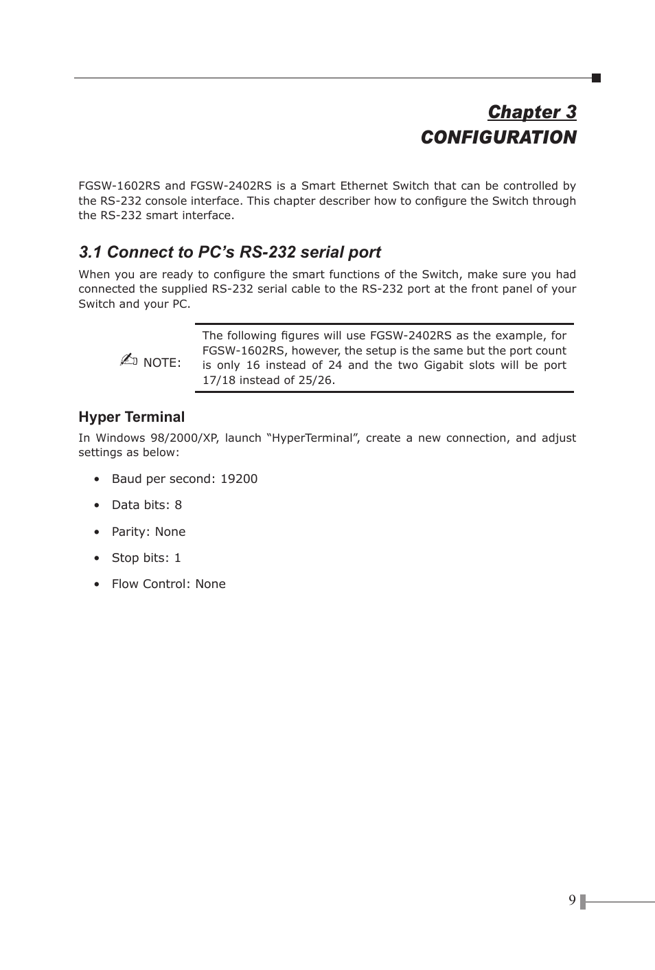 Chapter 3 configuration, 1 connect to pc’s rs-232 serial port | PLANET FGSW-1602RS User Manual | Page 11 / 30