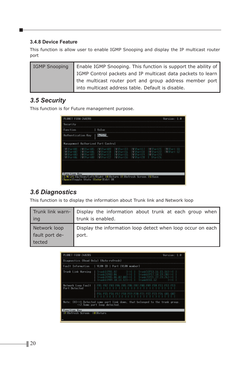 5 security, 6 diagnostics | PLANET FGSW-1602RS User Manual | Page 22 / 30