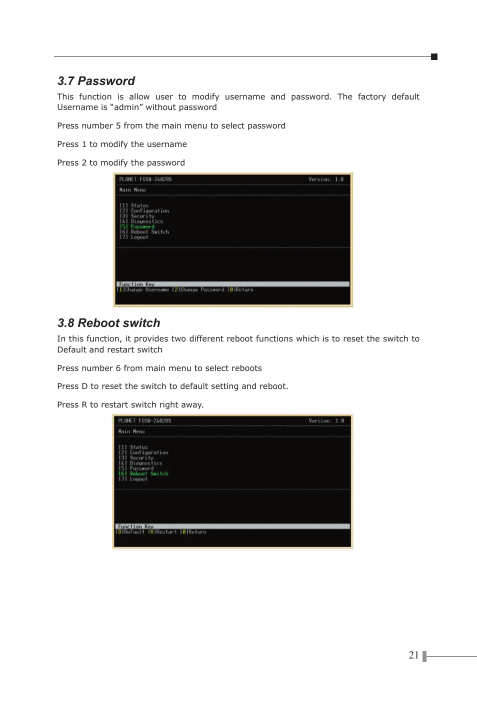 7 password, 8 reboot switch | PLANET FGSW-1602RS User Manual | Page 23 / 30