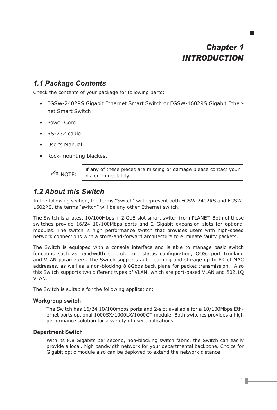 Chapter 1 introduction, 1 package contents, 2 about this switch | PLANET FGSW-1602RS User Manual | Page 3 / 30