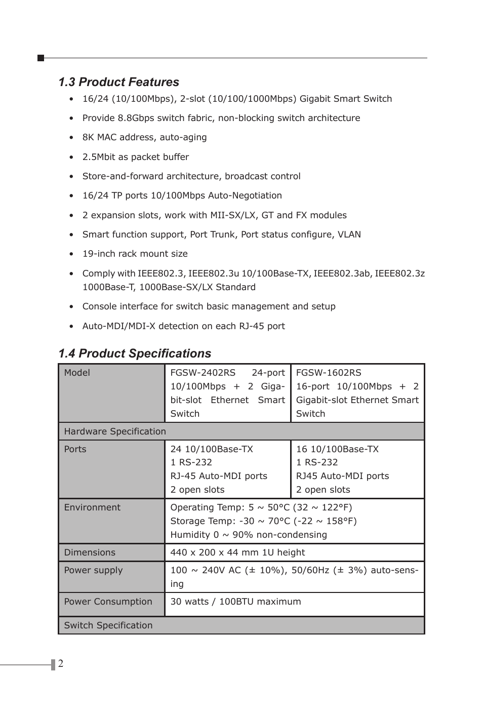 3 product features, 4 product specifications | PLANET FGSW-1602RS User Manual | Page 4 / 30