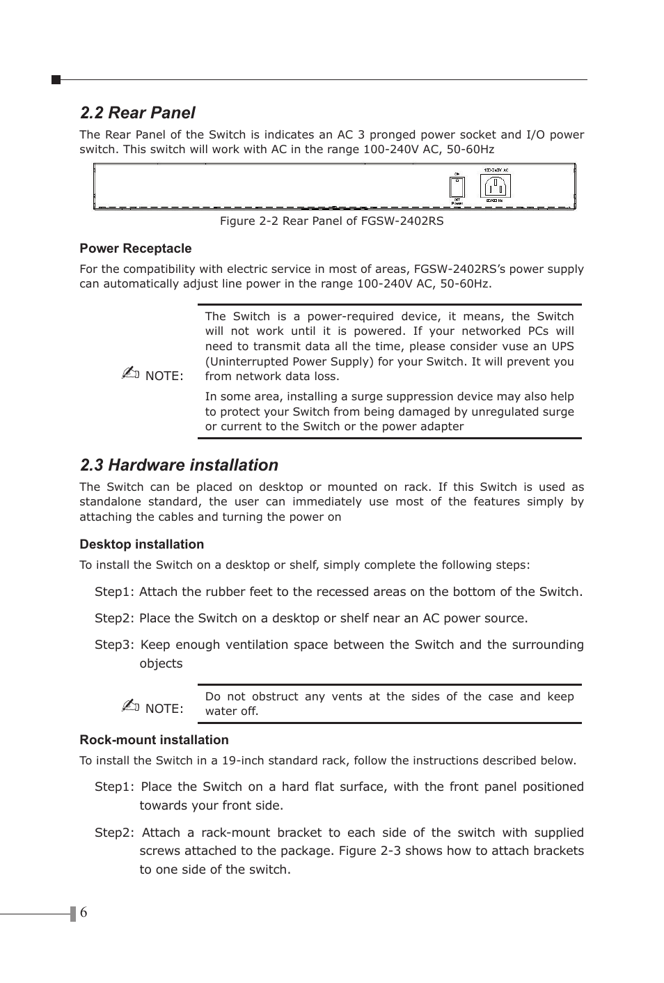 2 rear panel, 3 hardware installation | PLANET FGSW-1602RS User Manual | Page 8 / 30