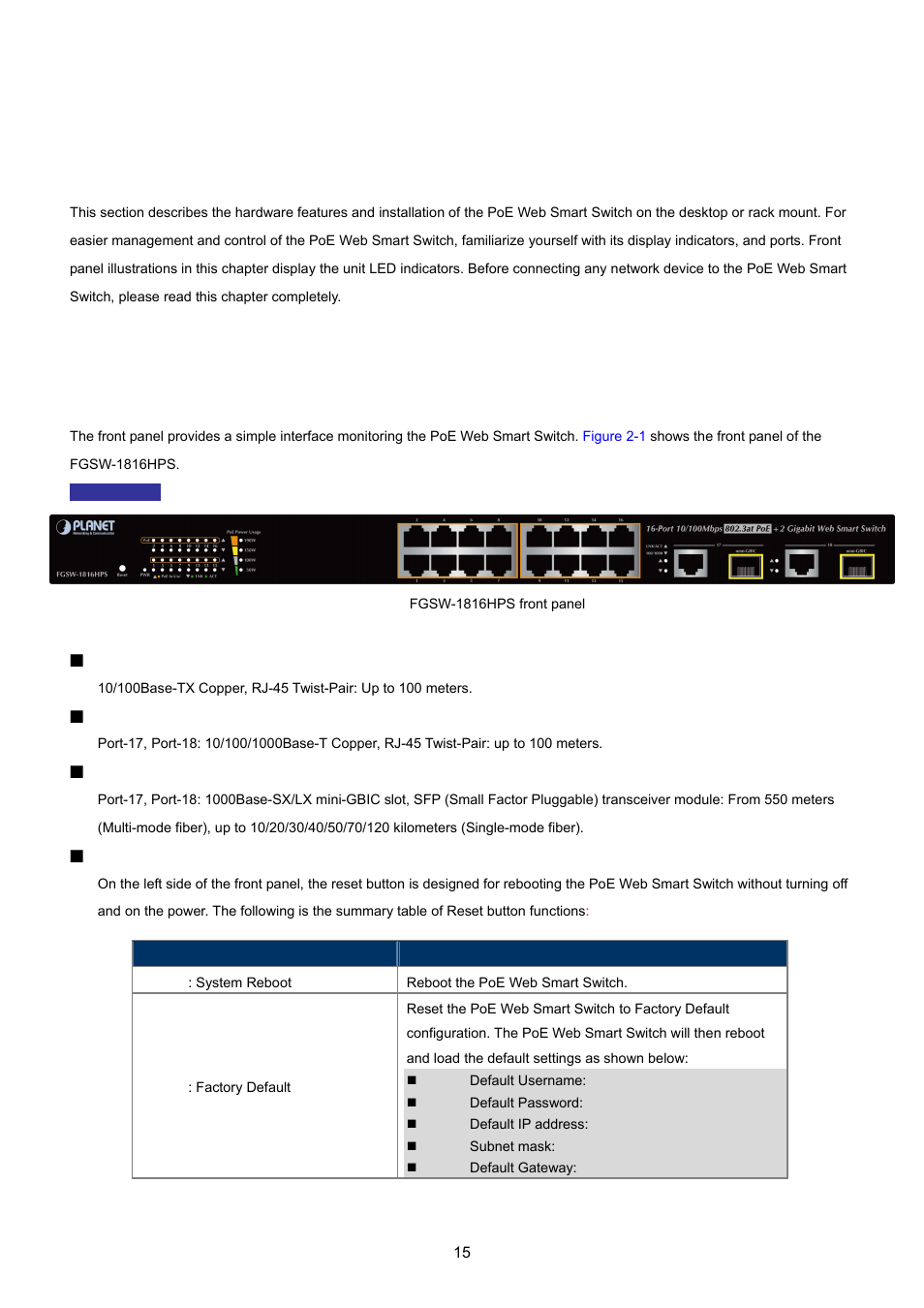 Installation, 1 hardware description, 1 switch front panel | PLANET FGSW-1816HPS User Manual | Page 15 / 105