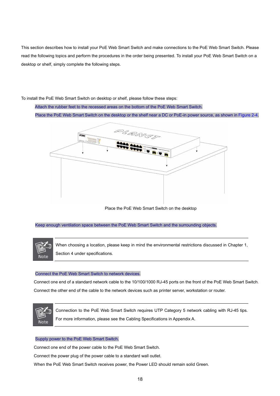 2 installing the switch, 1 desktop installation | PLANET FGSW-1816HPS User Manual | Page 18 / 105