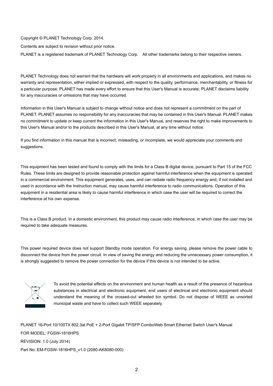 PLANET FGSW-1816HPS User Manual | Page 2 / 105