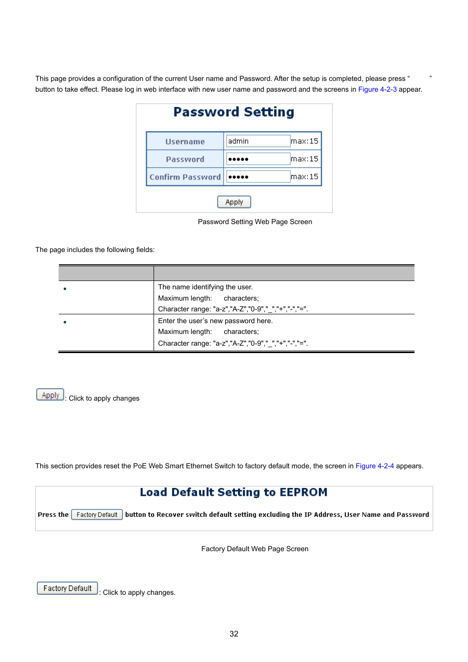 3 password setting, 4 factory default | PLANET FGSW-1816HPS User Manual | Page 32 / 105