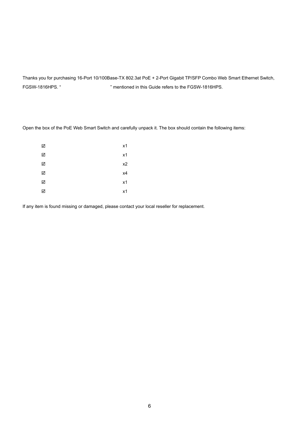 Introduction, 1 packet contents | PLANET FGSW-1816HPS User Manual | Page 6 / 105