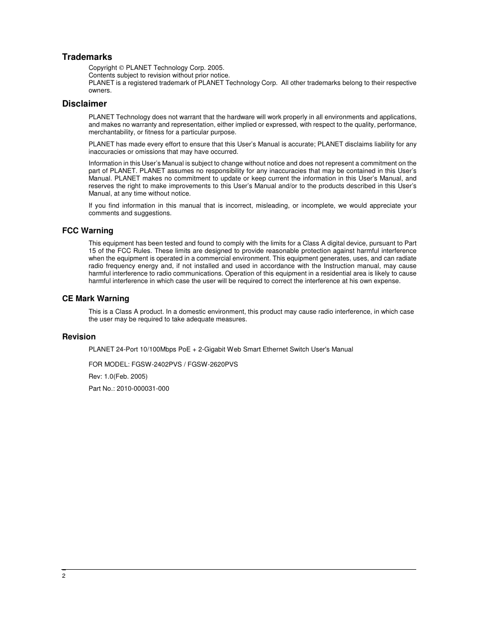 PLANET FGSW-2402PVS User Manual | Page 2 / 50