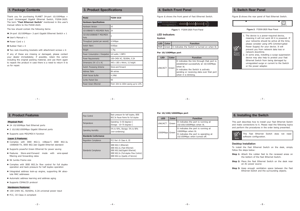 PLANET FGSW-2620 User Manual | 2 pages