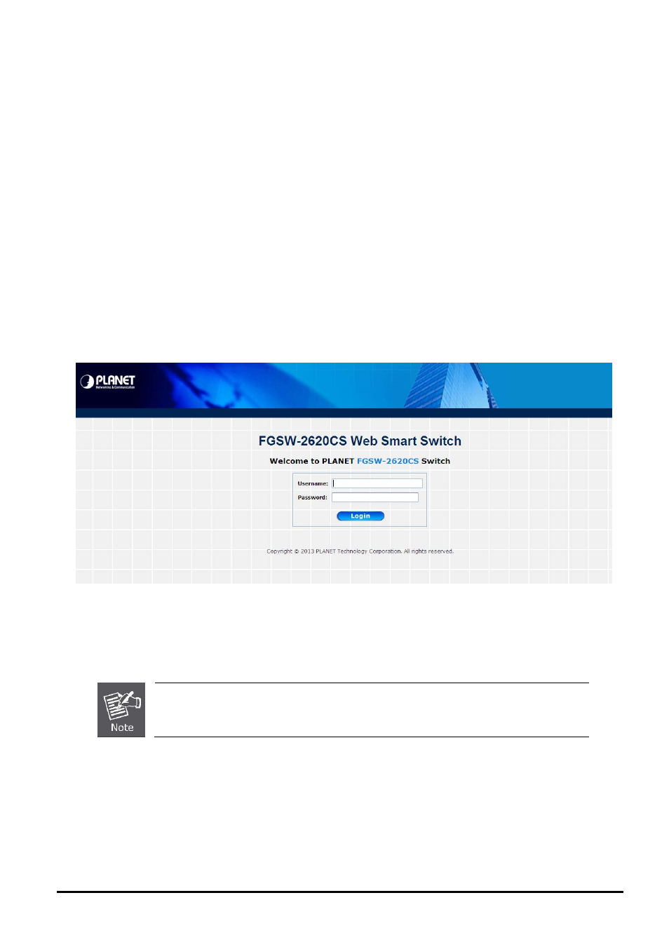 3 logging on to the fgsw-2620cs, Ogging on to the, Fgsw-2620cs | PLANET FGSW-2620CS User Manual | Page 19 / 81