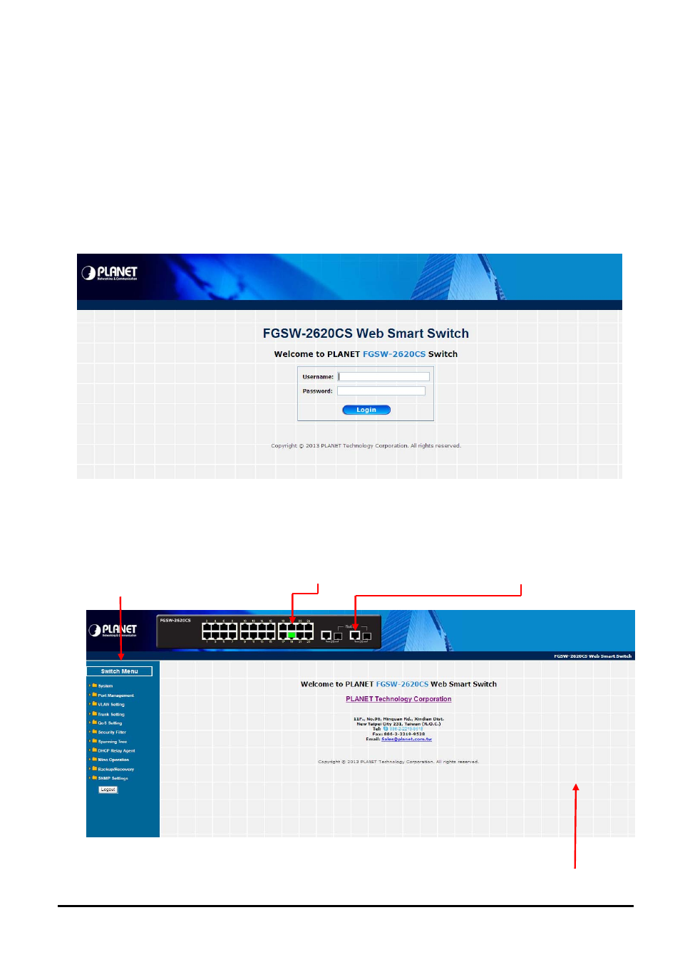 Web management, 1 login in to the switch, Ogin to the | Witch | PLANET FGSW-2620CS User Manual | Page 20 / 81