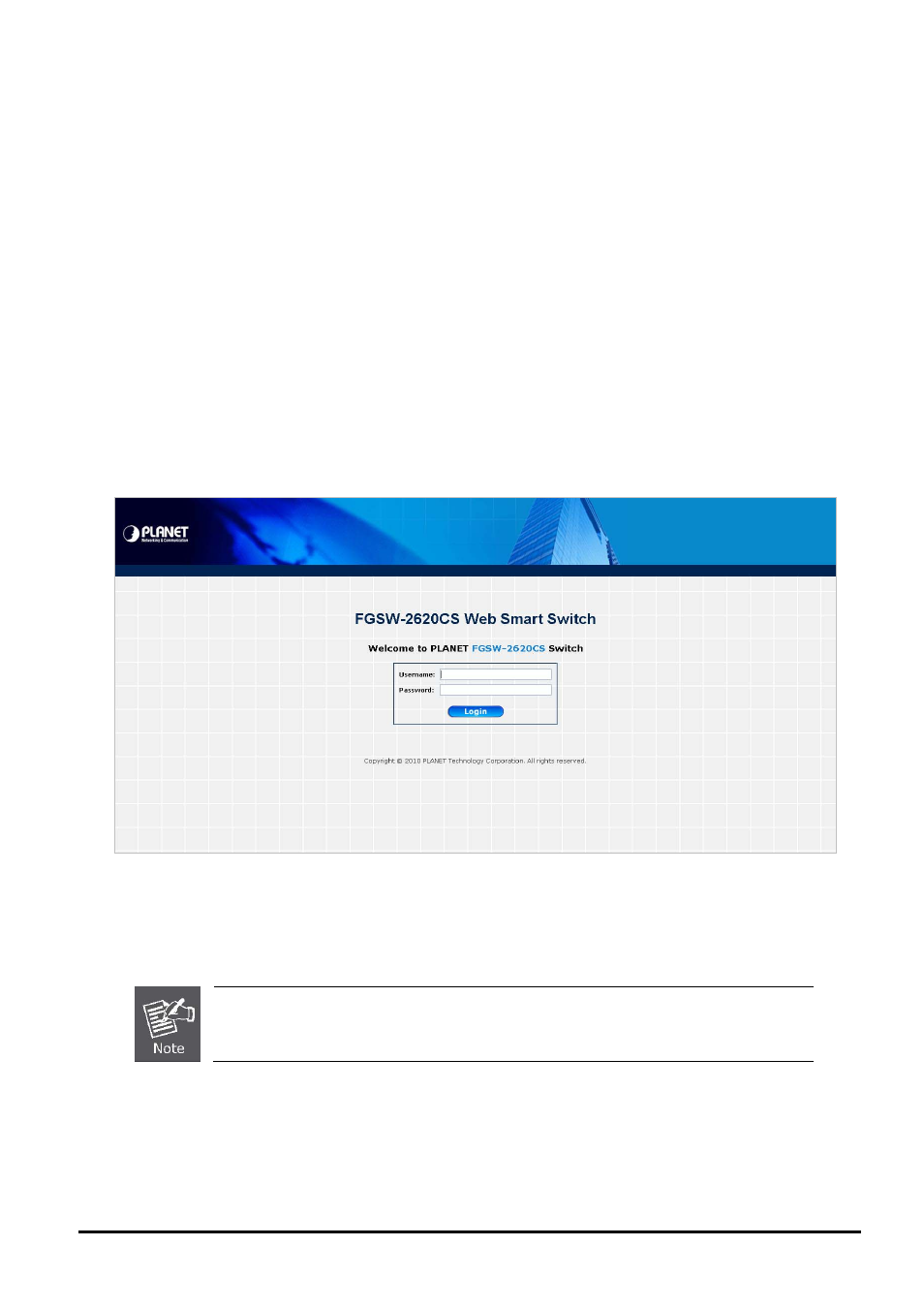3 logging on to the fgsw-2620cs, Ogging on to the, Fgsw-2620cs | PLANET FGSW-2620CS User Manual | Page 18 / 80