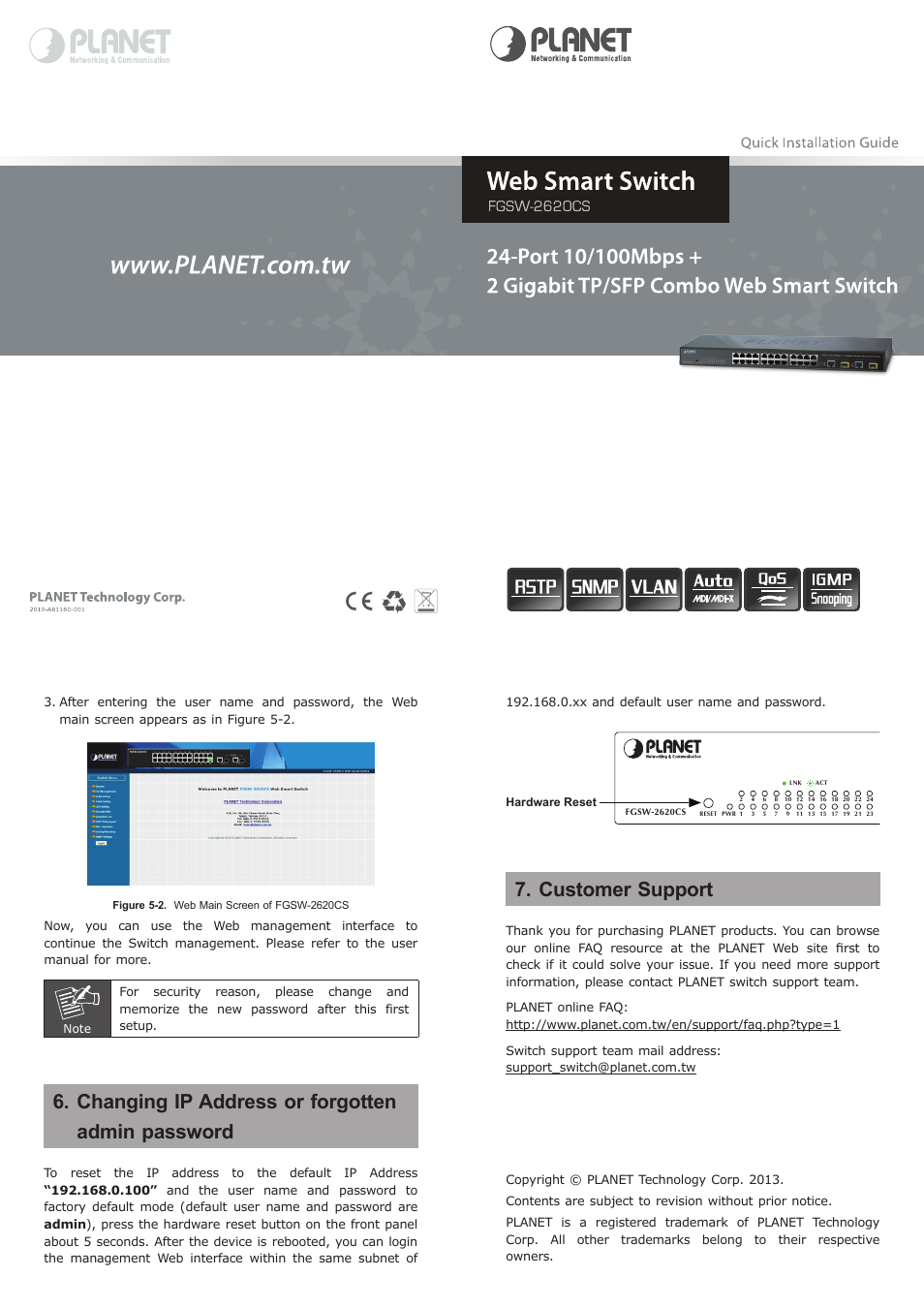Changing ip address or forgotten admin password, Customer support | PLANET FGSW-2620CS User Manual | Page 2 / 2